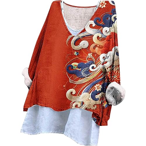Womens Cotton Linen Shirts Vintage Floral Printed Dressy Blouses Casual Long Sleeve V Neck Oversized Tunic Tops