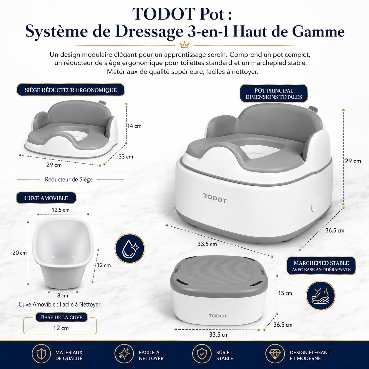 Pot Bébé Toilette 3 en 1, Potty Apprentissage De La Propreté, Pot Bébé + Réducteur WC + Marchepied Antidérapant, Multifonction pour Enfant Dès 12-36 Mois, Facilite Passage Couches aux Toilettes