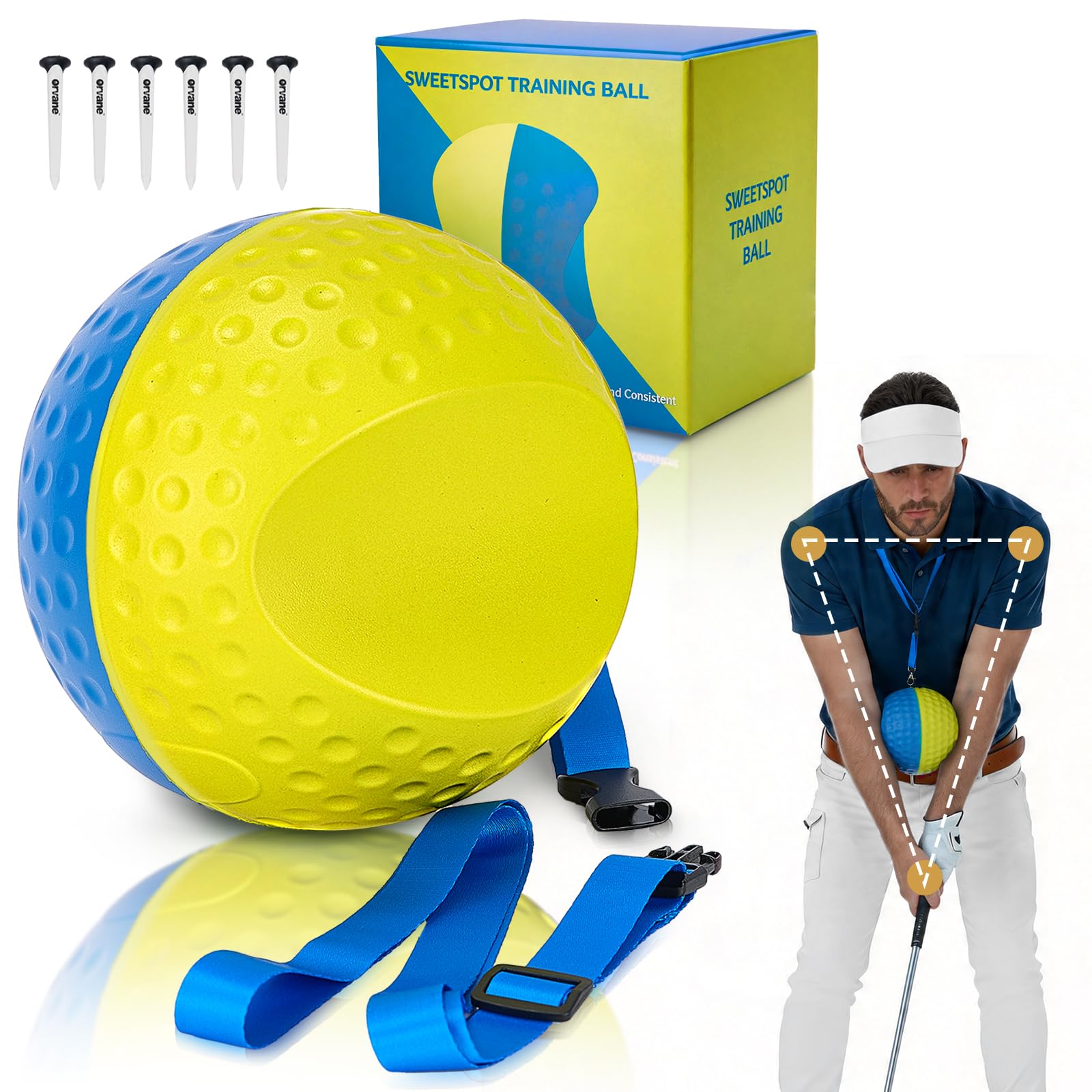 Photo 1 of Orvane Golf Training Aid Ball – Forearm Connection Swing Trainer for Consistent, Precise Swings | Fix Slicing, Scooping & Chicken-Wing, Soft Memory Foam?Adjustable Lanyard (L, Blue/Yellow)