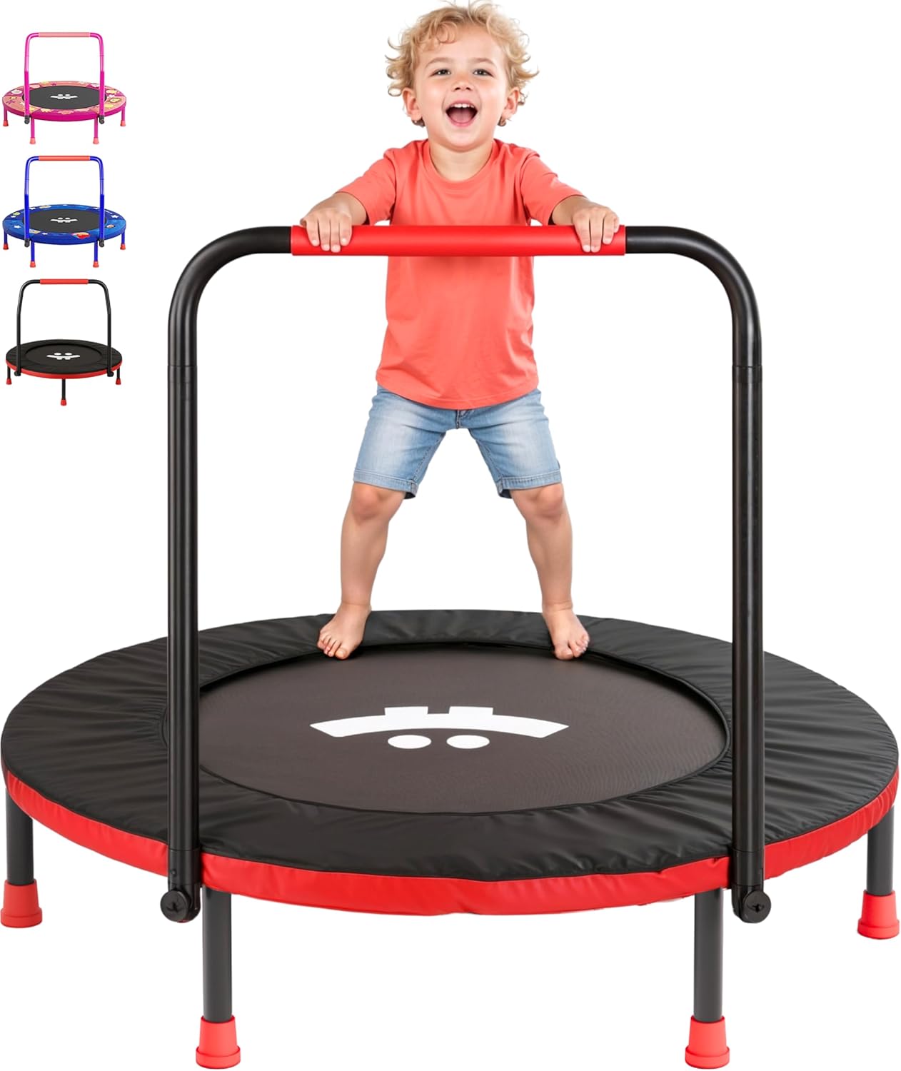 Happin® 36" Mini Foldable Toddler Trampoline for Kids with Height-Adjustable Handle, Noise-Free Kids Trampoline Indoor with Super Safety Pad & Durable Steel Frame, Indoor/Outdoor Black and Red