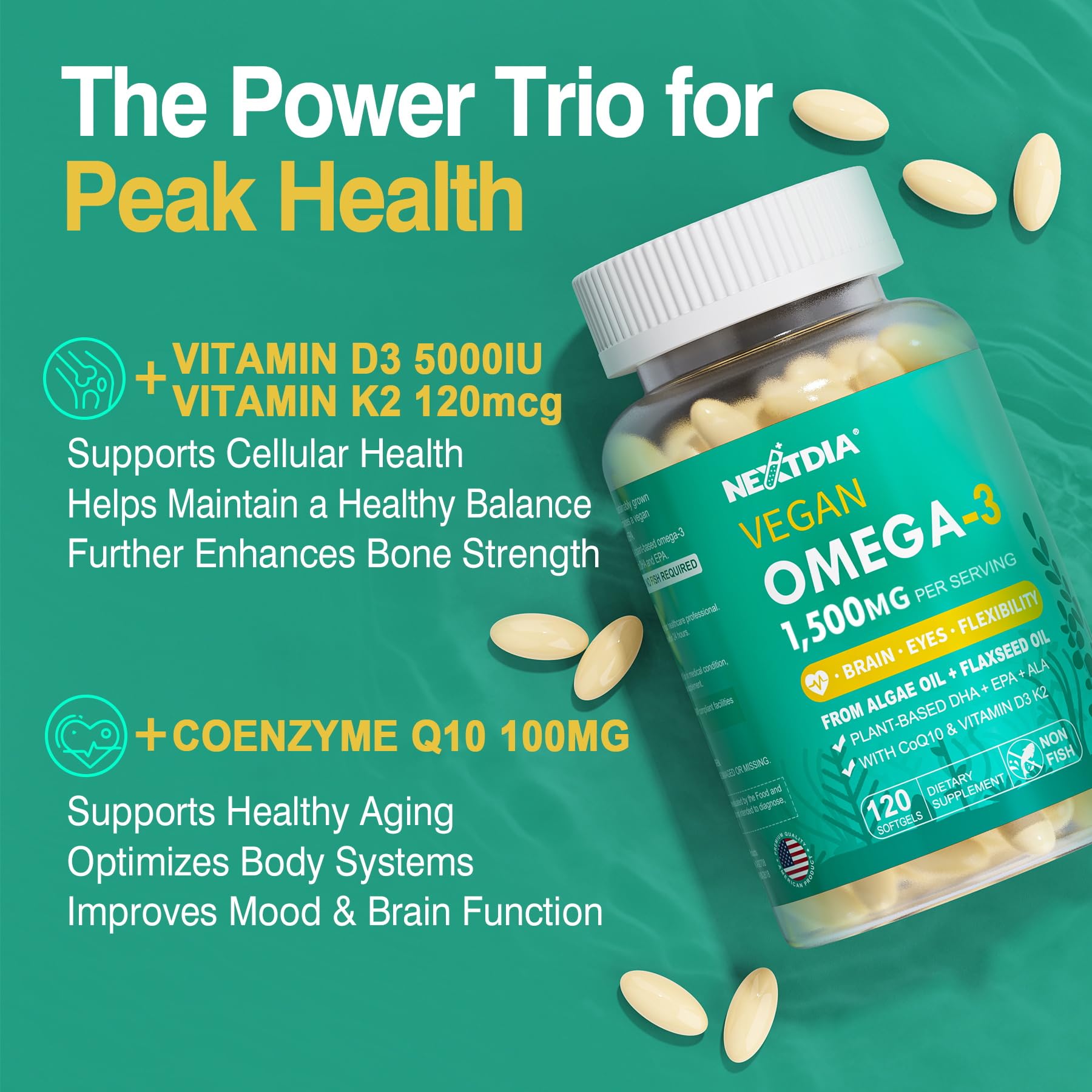 Vegan Omega 3 EPA DHA ALA Supplements + CoQ10, Vitamin D3 K2 for Women Men — Amazon image 4