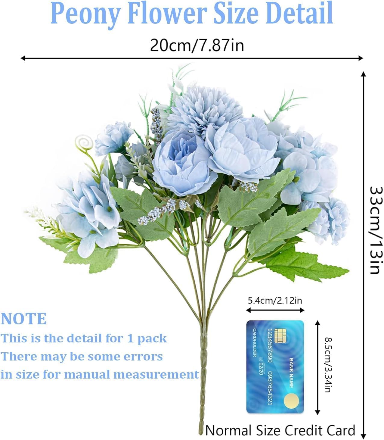 Artificial Flowers, Fake Peony Silk Hydrangea Bouquet Decor Plastic Carnations Daisy Realistic Flower Arrangements Wedding Decoration Table Centerpieces,for Home Office Party Decor 2 Pcs(Blue) - Image 2