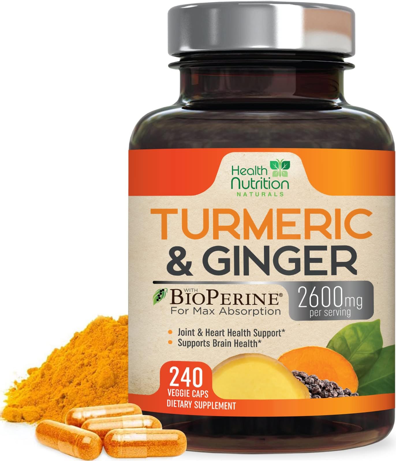 Turmeric Curcumin Supplement - 2000mg Organic Turmeric & 400mg Organic Ginger per Serving - 95% Curcuminoids & BioPerine Black Pepper for Best Absorption & Joint Support, Bottled in USA - 240 Capsules