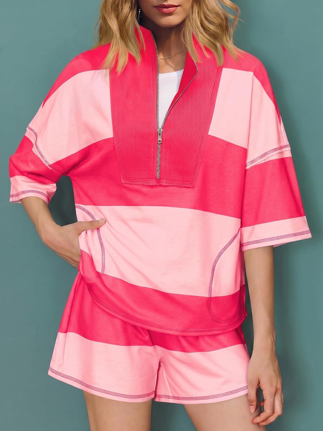Fisoew Womens 2 Piece Outfits Summer Striped Sweatshirt Workout Shorts | Matching Lounge Set, Tracksuits
