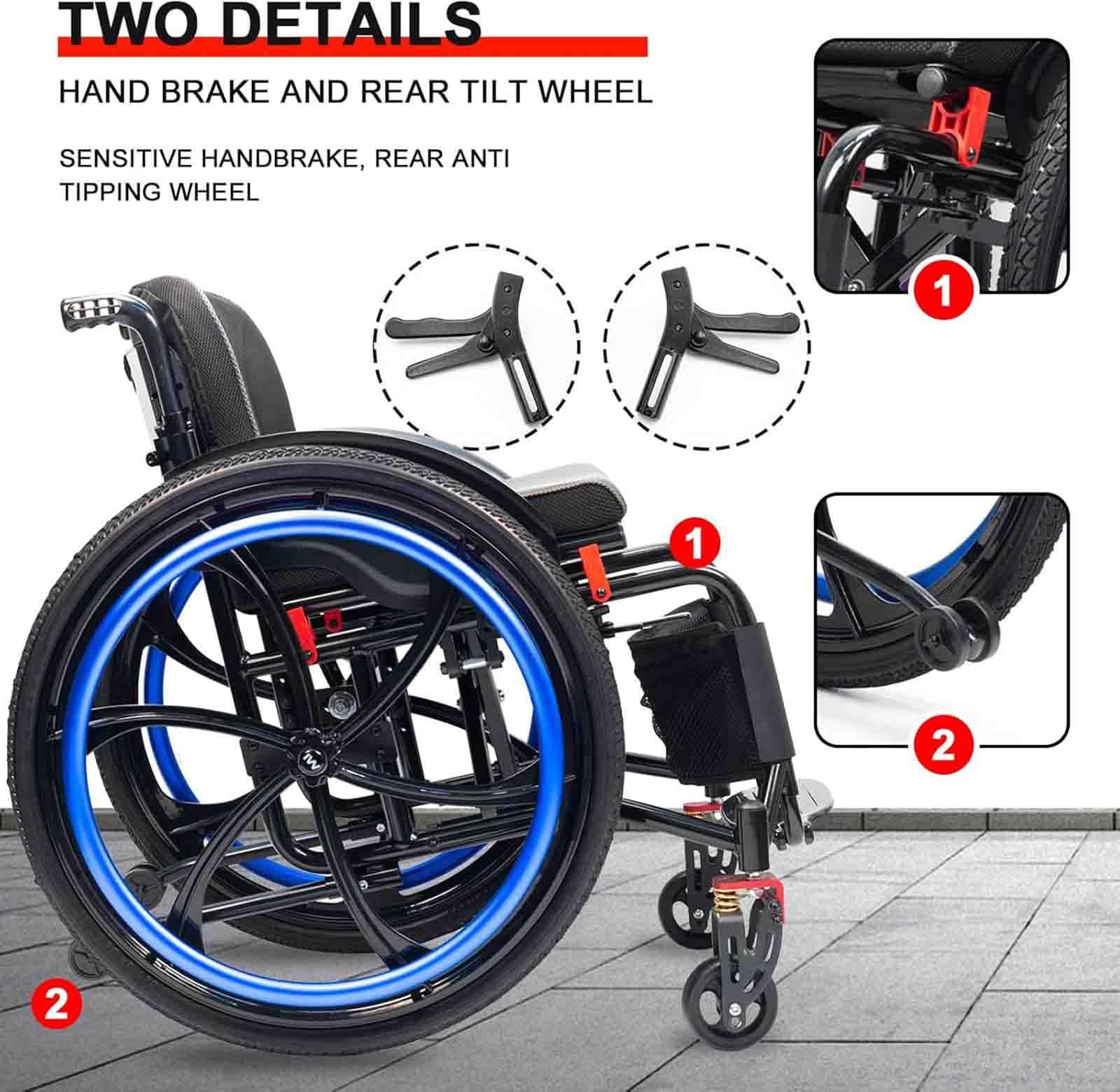 Wózek inwalidzki sportowy, terenowy, składany, aluminiowy, z 26-calowymi tylnymi kołami, amortyzowanymi kołami przednimi, nośność 100 kg (niebieski, szerokość siedziska 38 cm)