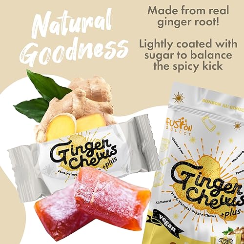 Miniatura 6 de Fusion Select Ginger Chews - Delicias dulces y confitadas suaves de Indonesia - Promueven el alivio de las náuseas matutinas, malestar estomacal -