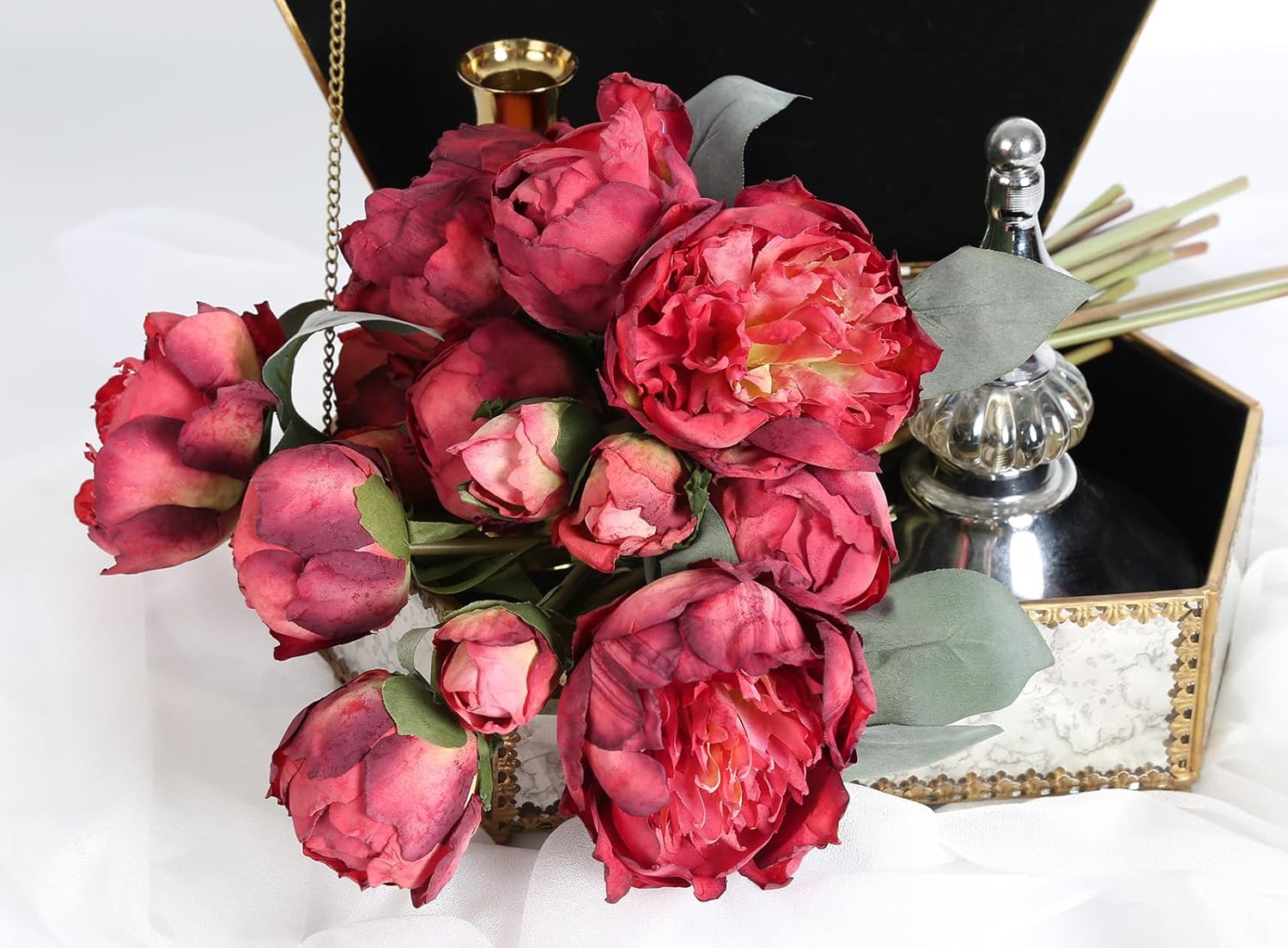 2 Bouquets Red Peonies Silk Flowers 14Heads Faux Peony Flowers Red Fake Peonies Flowers Artificial for Decorations for Wedding Bouquets Bridal Shower Decorations Home Office Party Decor