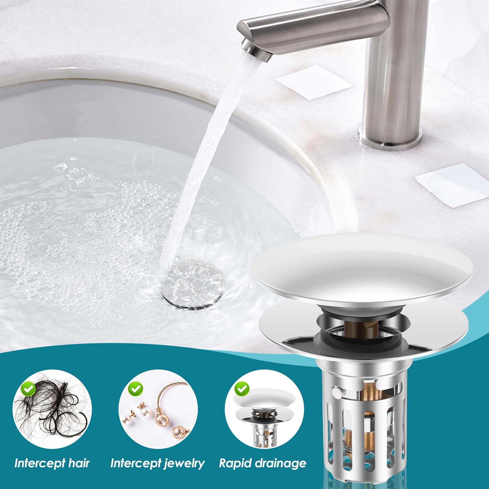 Lot de 2 Bondes de Lavabo Pop Up pour 28-55mm, Bouchon de Lavabo avec Filtre, Bouchon Evier Salle de Bain en INOX
