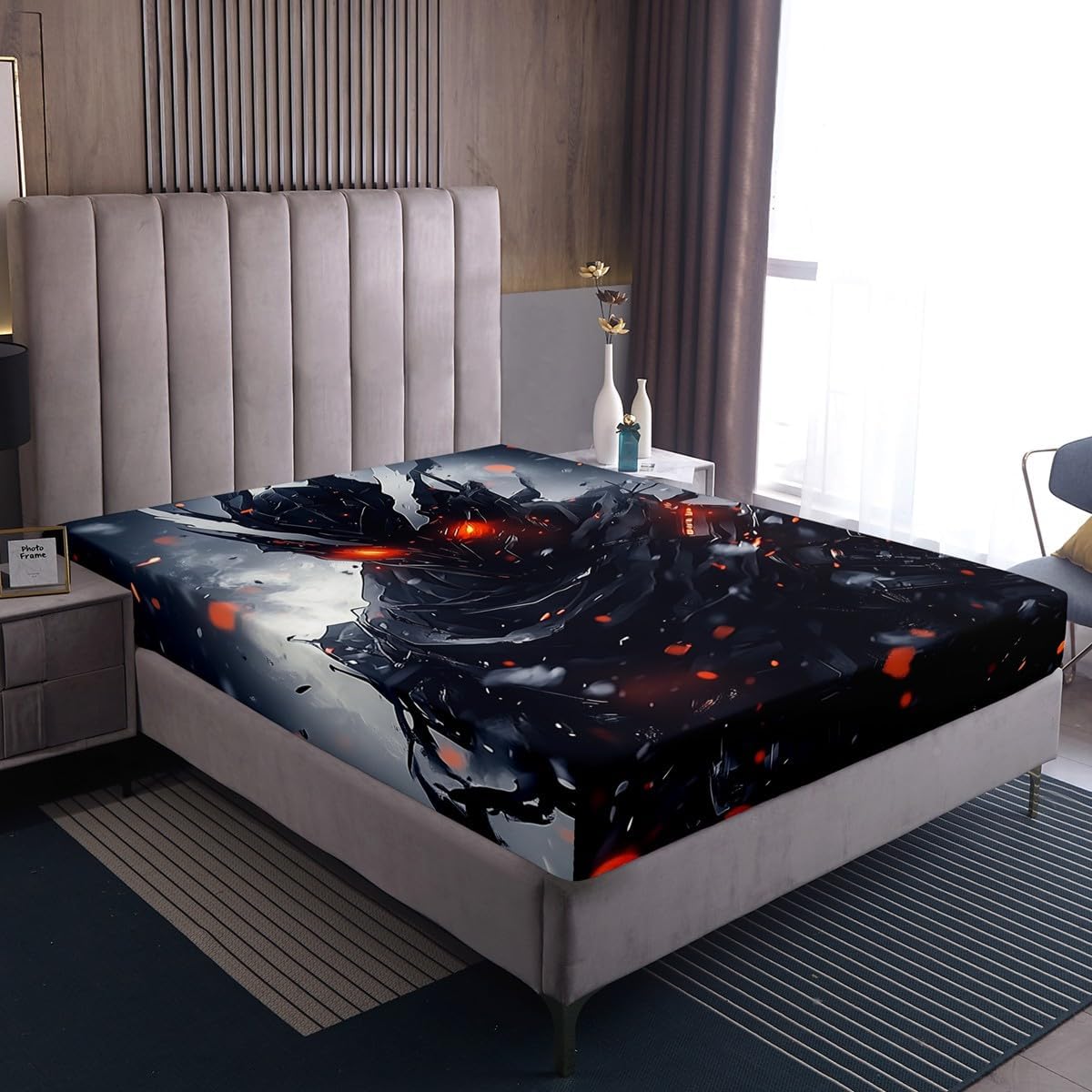 Erosebridal 3D Samurai Full Fitted Sheet for Boys Men Japanese Style Bedding, Black and Grey Bed Sheets Anime Theme Bed Cover, Gray Ombre Tie Dye Watercolor Bed Set (Deep Pocket)