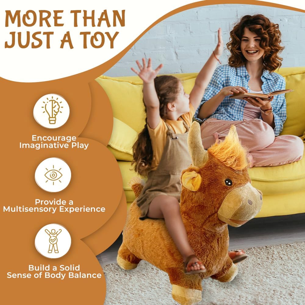 Plush Highland Cow Bull Bounce & Ride-on Inflatable Hopper Toddler Toy with Pump