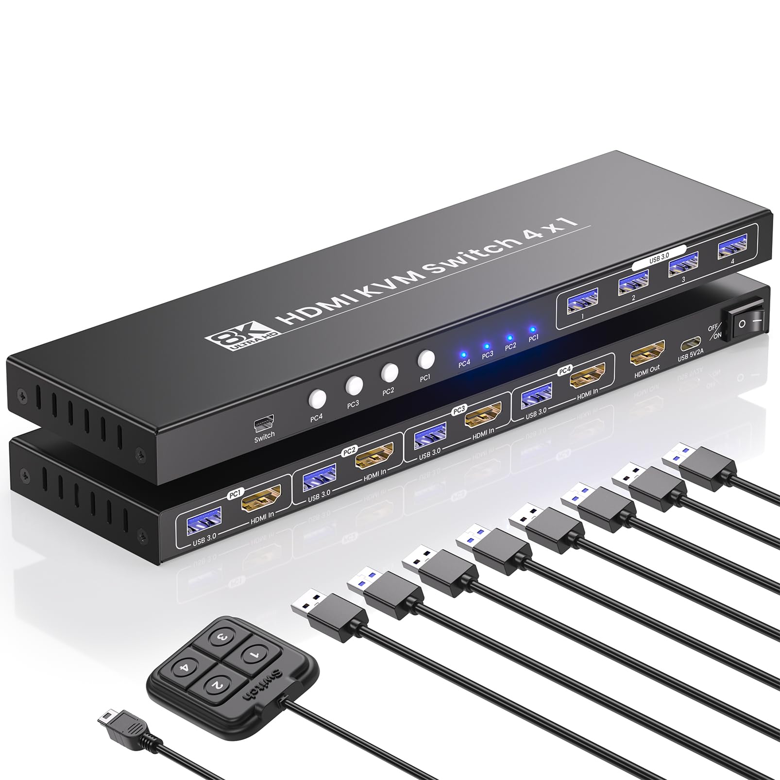 4 Port HDMI KVM Switch 4 PC 1 Monitore, 8K60Hz 4K120Hz USB 3.0 KVM Switches, Steuerung von 4 PCs mit 1 Monitor, Tastatur und Maus