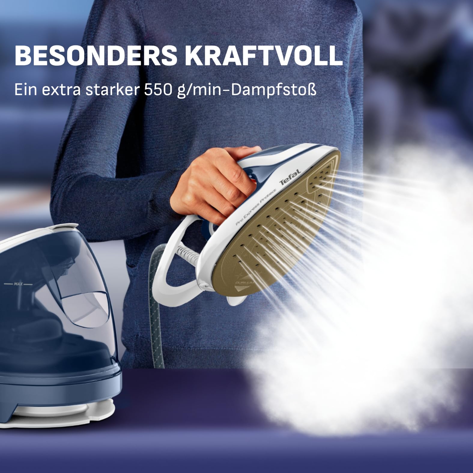 Tefal Pro Express Protect Dampfbügelstation, 7,6 Bar Dampfdruck, variable Dampfmenge: 140 g/Min., Dampfstoß: 550 g/Min., Anti-Kalk-Kollektor, vertikale Dampffunktion, blaugrau/weiß, GV9225