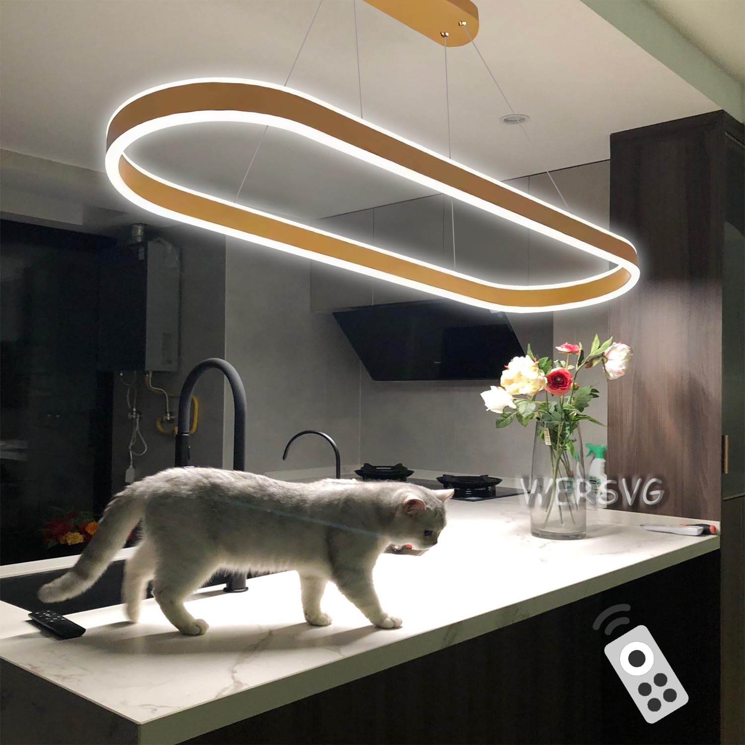 L80cm Modern LED Dining Table Pendant Oval Living Room Office Chandelier Dimmable 3500K-6500K Gold Dining Room Lamp 68W Pendant Lamp Adjustable Height, for Restaurants Bars Offices Billiard Room