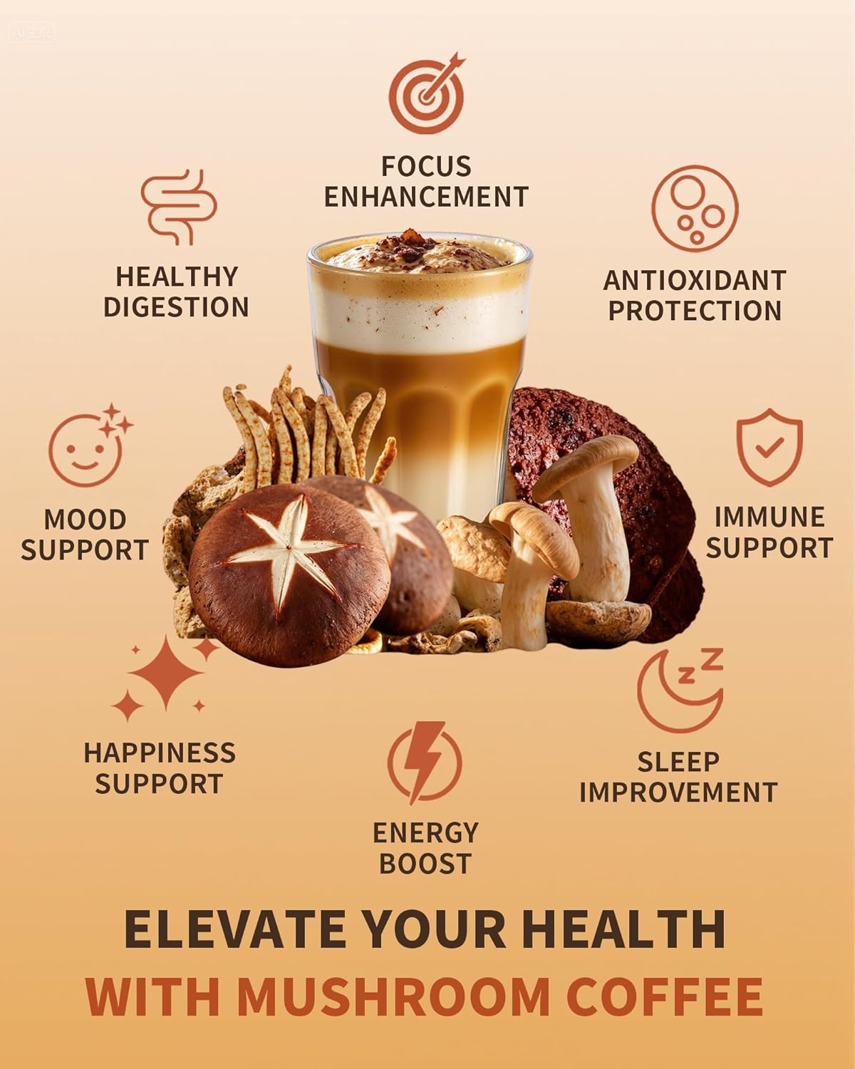 Mushroom Coffee Portable 32 Sticks, Organic Instant Coffee Powder with 6 Adaptogenic Mushrooms (Lion's Mane, Reishi, Cordyceps & More), Boost Energy, Focus & Immune Support, Low Caffeine for Sleep - Image 4