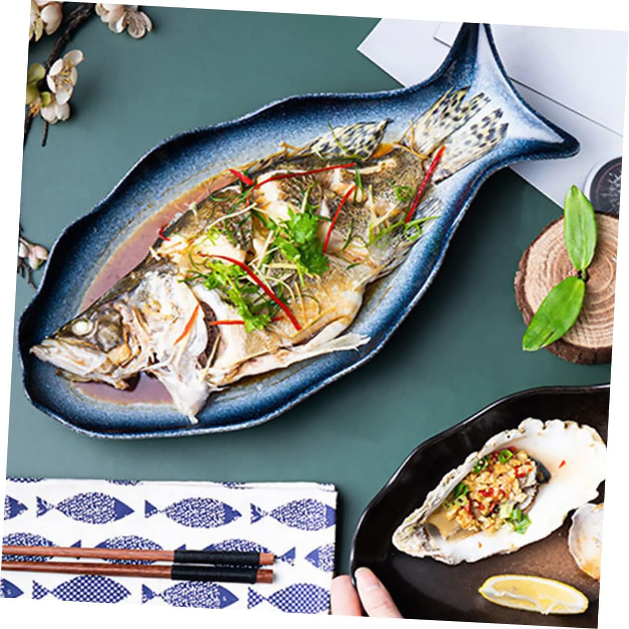 Fish Shaped Dish 14 Inch Ceramic Steaming Plate Lid for Steamed Fish Home Use and Restaurant Serving
