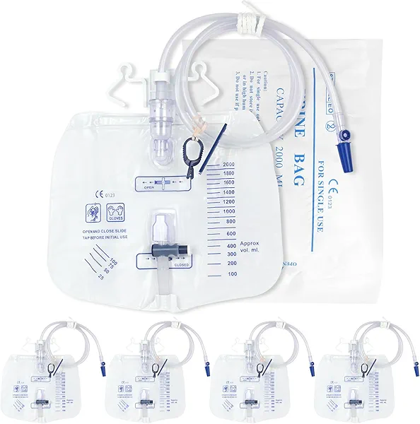 5 Pack Urinary Drainage Bag with Anti-Reflux Chamber, 2000ml Large Capacity, 48" Drainage Tube, Professional Urine Bags with Clips and Hanging Hook, Catheter Bags for Men