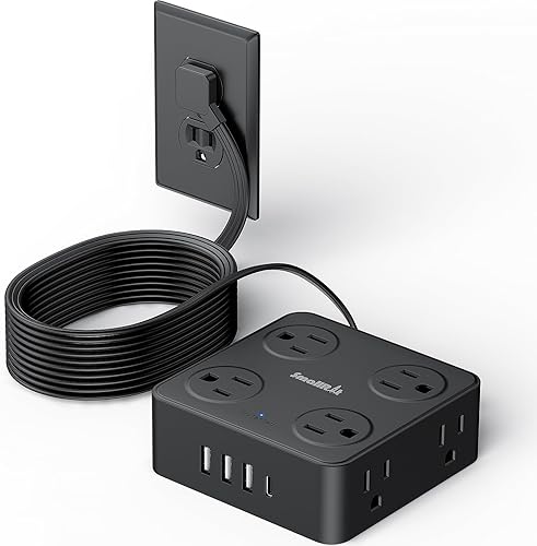 Miniatura 7 de Regleta de alimentación de 10 pies con protector de sobretensión, 8 tomas, 4 puertos USB, cable de extensión de enchufe plano, estación de carga