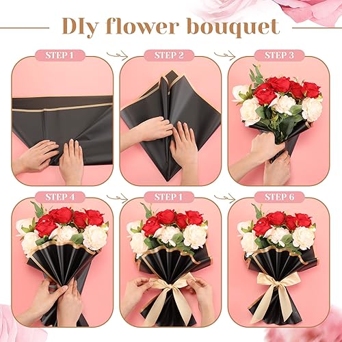 Miniatura 4 de Ceenna 294 accesorios para ramos de flores que incluyen 40 hojas de papel de regalo de flores con borde dorado, 6 mini coronas, 48 decoraciones de