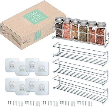Spice Rack Organizer For Cabinet Door - Adhesive Spice Rack No Drill Needed Hanging Option - Wall Mount - Pantry and Cabinets Doors Storage Holder - Set Of 4 Shelves.