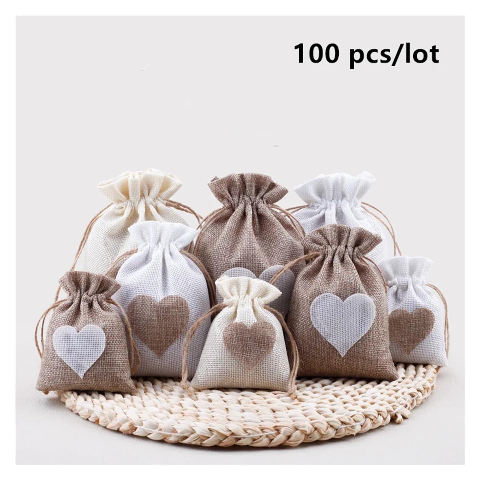 WENH 100 sztuk/partia jutowe torby ze sznurkiem z łatką w kształcie serca mały prezent opakowanie materiałowe woreczki ślubne 8x10/10x14/13x18cm(WHITE,13x18cm(100pcs))