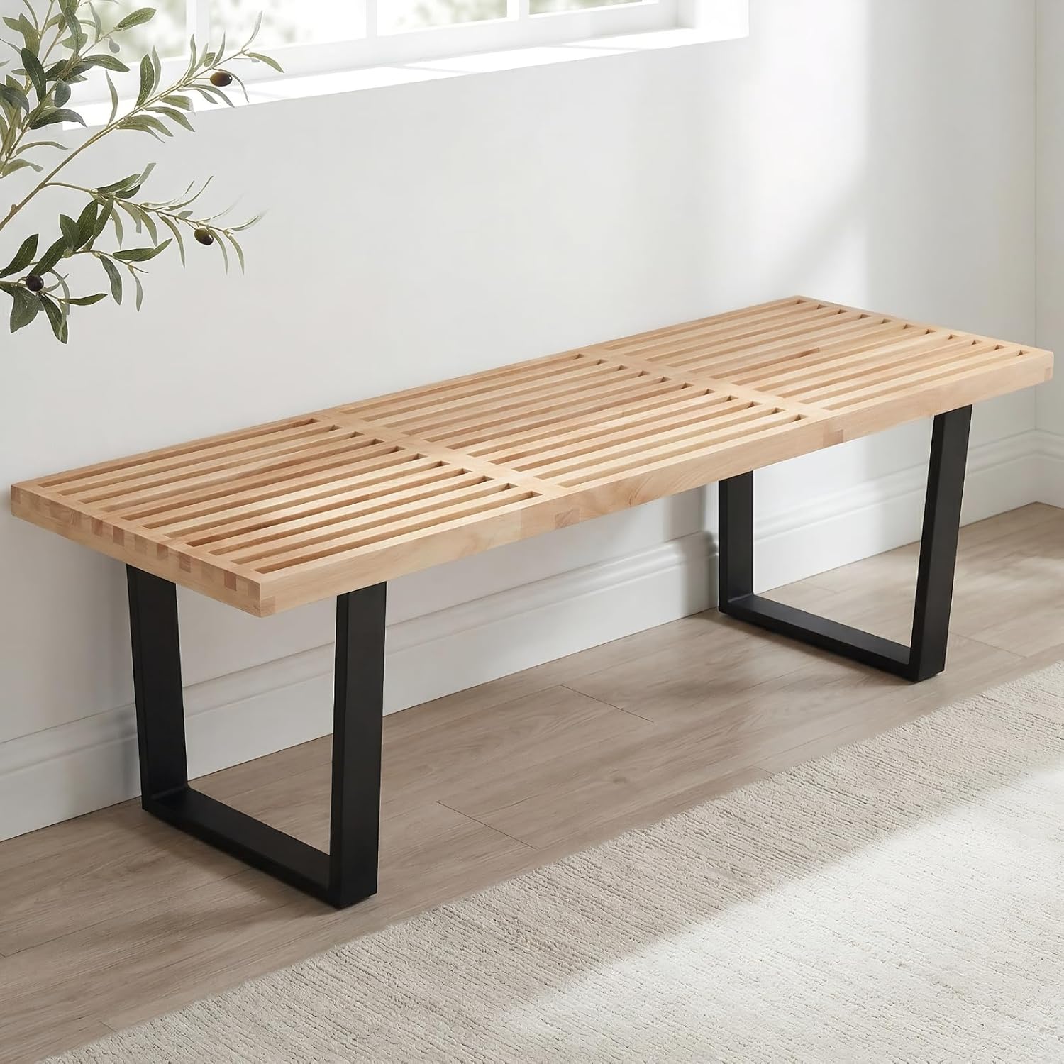 HNY Modern Entryway Bench Wood Dining Bench Minimalist Nelson Bench with Metal Legs for Bedroom Dining Room Hallway Foyer Living Room, Natural Finish