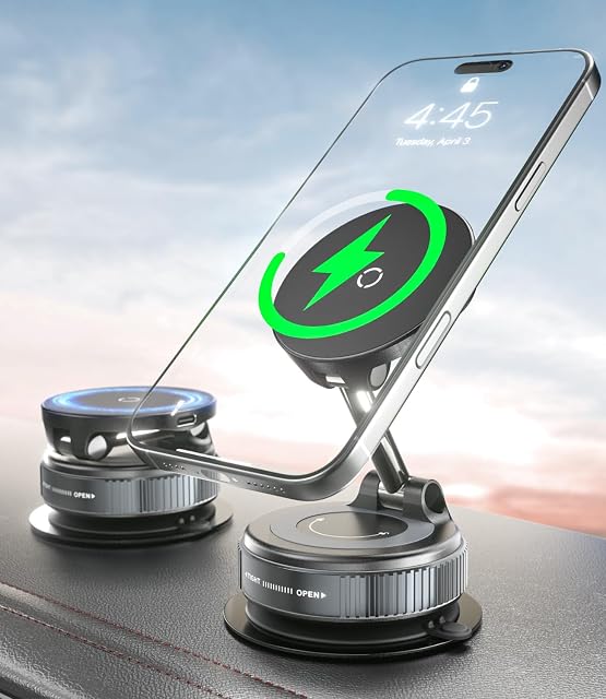CloudValley 15W Fast Wireless Car Phone Holder Mount, Magnetic Charger with Super Strong Vacuum Suction, 360° Adjustable Foldable Stand for Car Dashboard, Designed for MagSafe iPhone 17/16/15/14/13/12