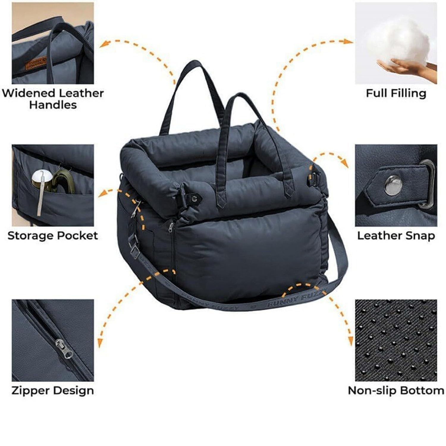Asiento de coche para perros pequeños, desmontable y lavable, cama de espuma viscoelástica para perro con bolsillos de almacenamiento y correa de seguridad con clip, asiento de coche para mascotas
