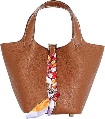 Genuine Leather Bucket Bag with a Scarf for Women Handbag tote bag with metal clasp, market tote bag Brown-gold