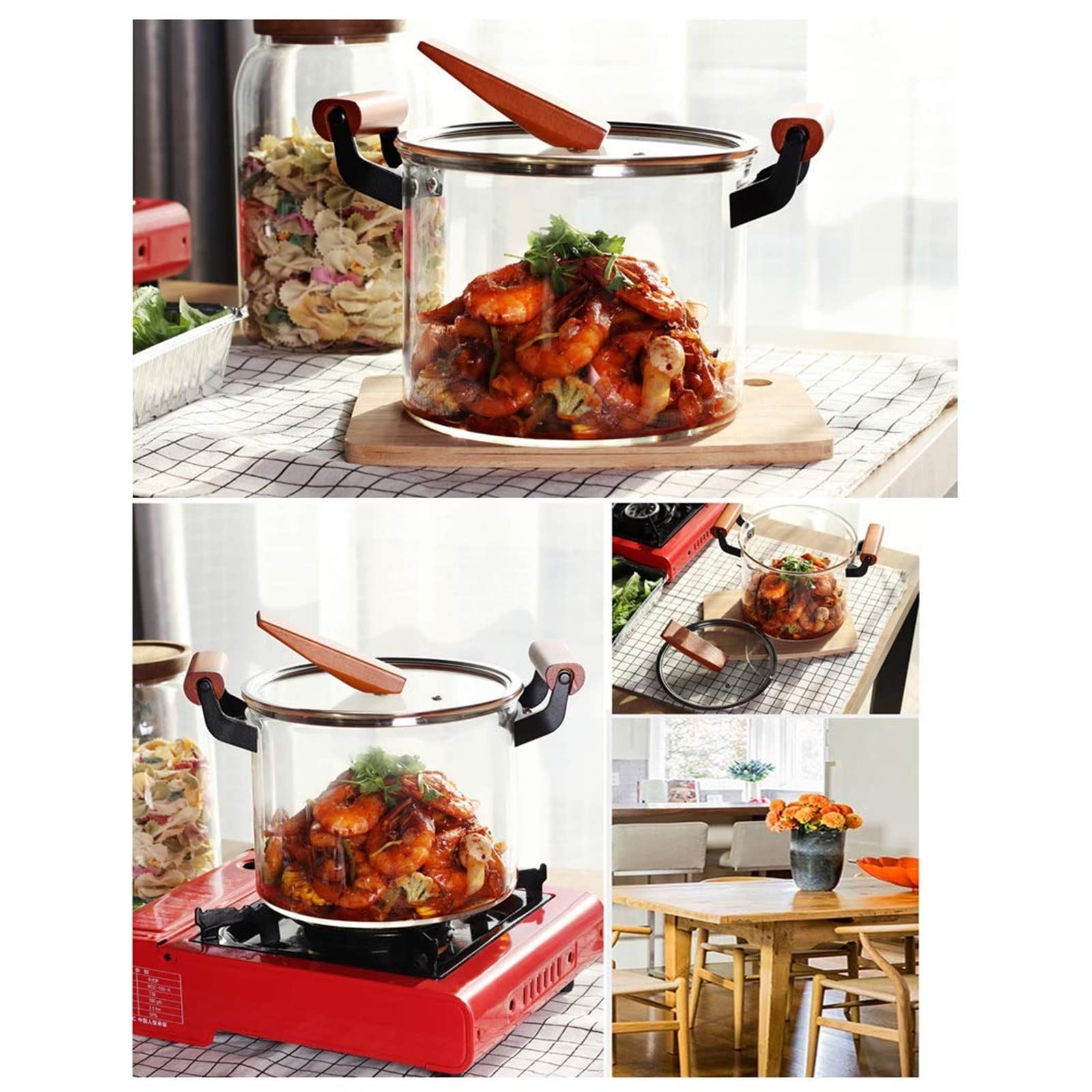 Olla De Vidrio Borosilicato Con Tapa - 1350 Ml - Transparente, Para Inducción, Gas Y Microondas - 2 Piezas