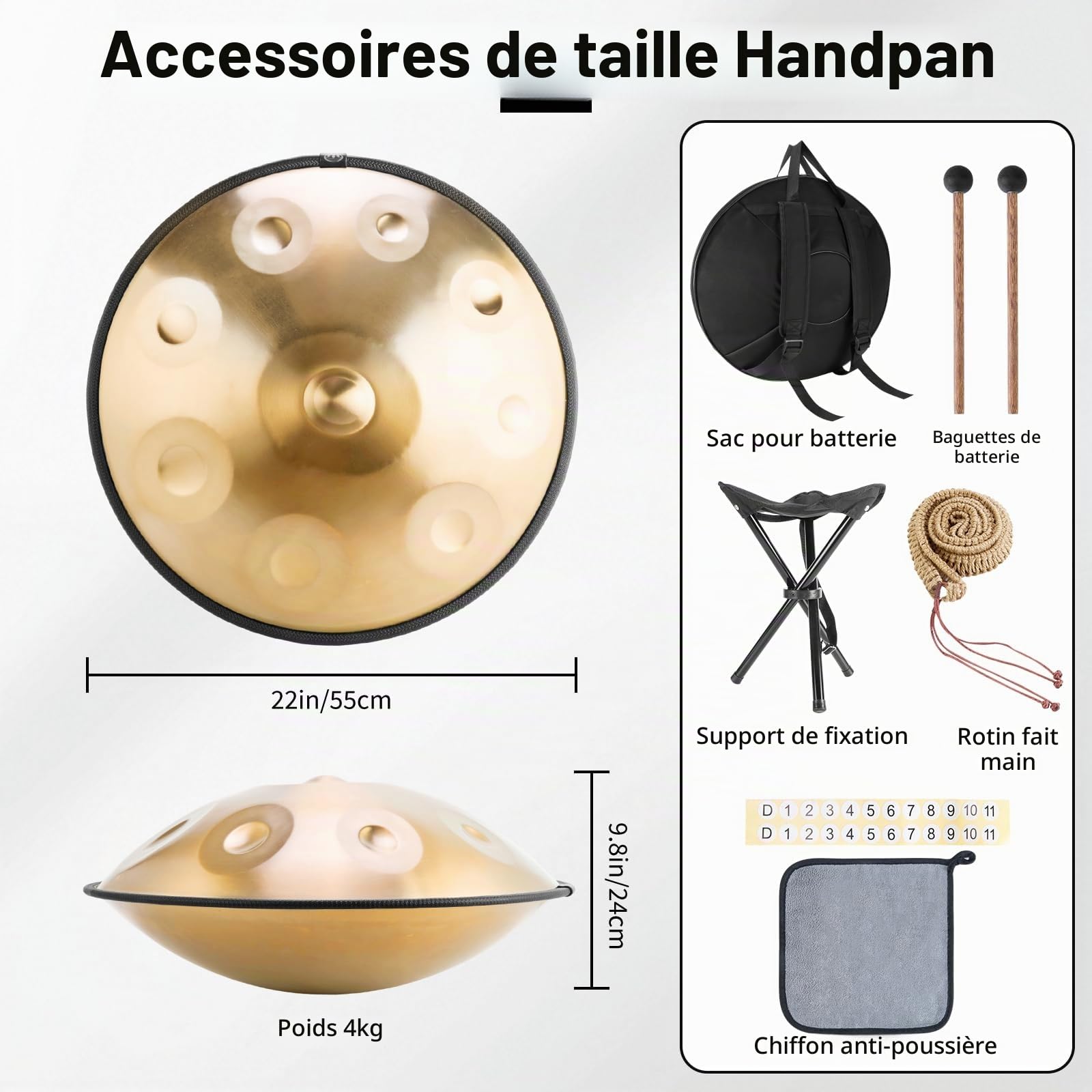 Handpan - Instrument de percussion manuel en ré mineur 440 Hz - 9 tons - Tambour manuel de 56 cm - "Gold Performer" Tambour à languette avec sac, maillet, support, pour débutants