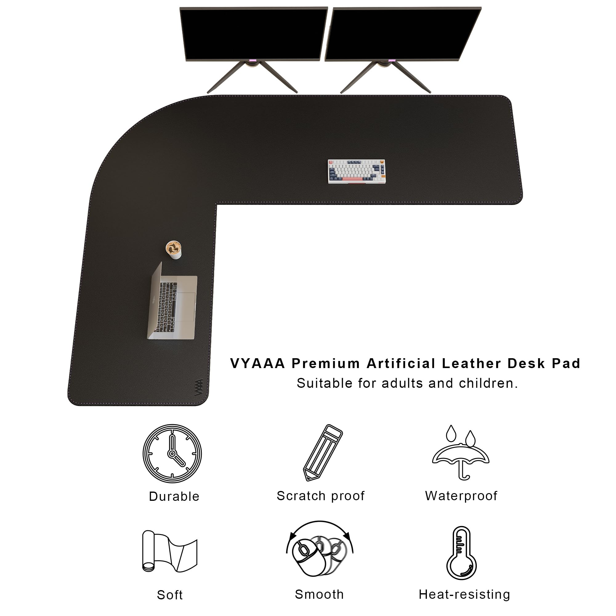 Vyaaa (150+200) x 60cm Tappetino da scrivania in pelle a forma di L (nero), tappetino da scrivania in pelle PU reversibile, tappetino per mouse extra large, adatto per uso domestico o in ufficio