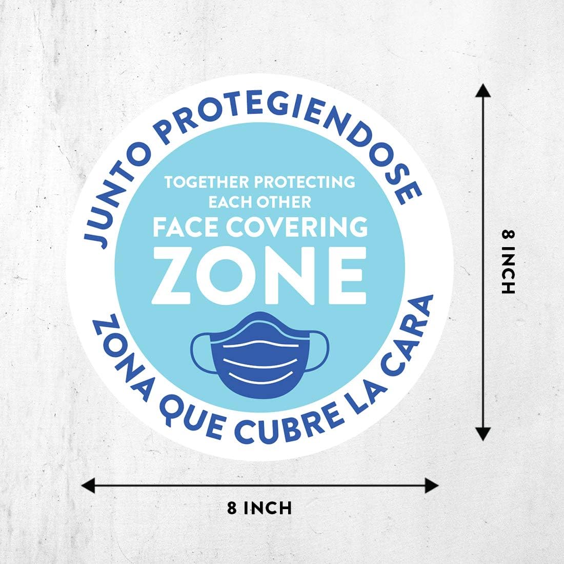 Andaz Press Spanish Social Distancing Bilingual Face Covering Zone Business Signs, 50 Labels, 10-Pack 8" Round Labels + 40-Pack 2" Circle Vinyl Sticker Decals for Office, Church, Restaurant