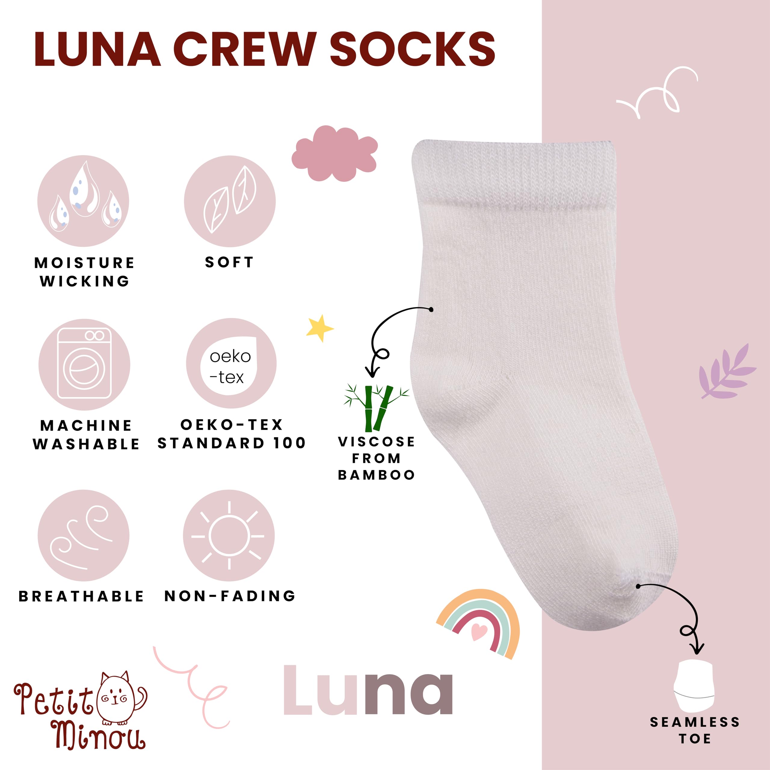 Petit Minou Luna Viscose from Bamboo Crew Socks (6-Pack) for Baby Infants Toddlers Kids Boys Girls (US, Age, 0 Months, 6 Months, Pumpkin)