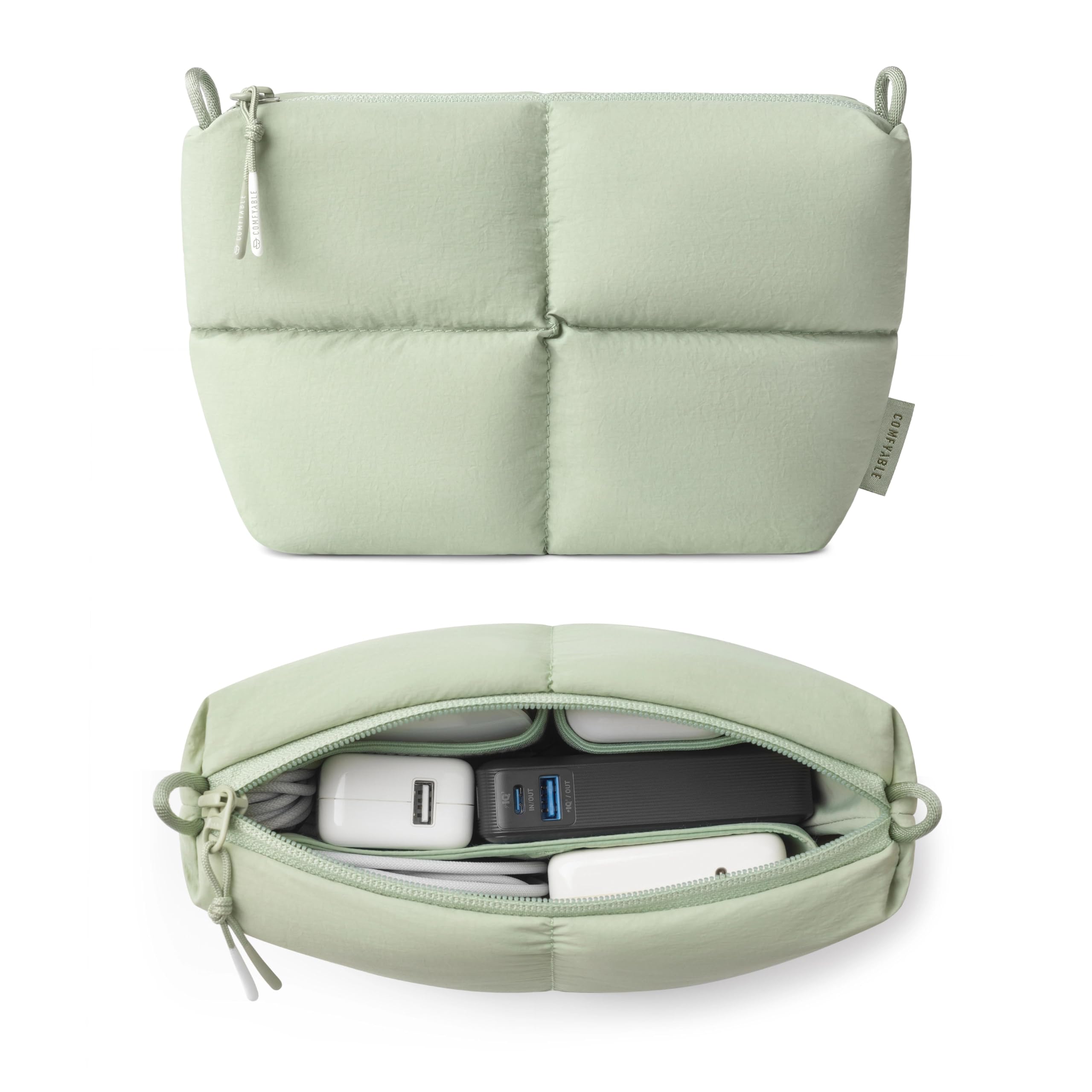 Comfyable Puffy Electronics Organizer da viaggio per donne, uomini, custodia per cavi per caricabatterie, telefono, power bank, cavo, custodia compatta per accessori tecnologici, salvia