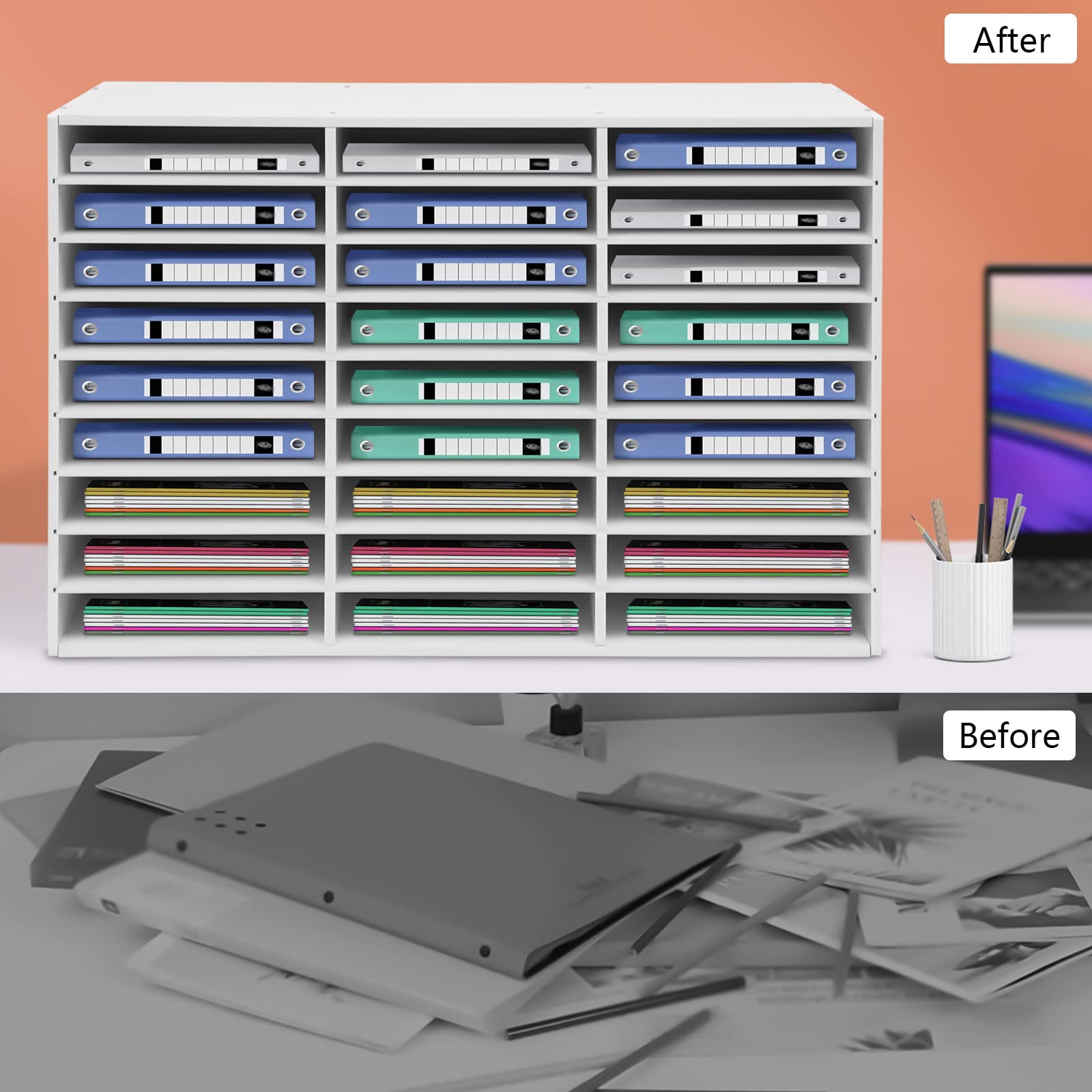 27 slot per scrivania in PVC, capacità di carico 50 kg, sistema di organizzazione per documenti da scrivania, organizer da scrivania in formato A4 impilabile