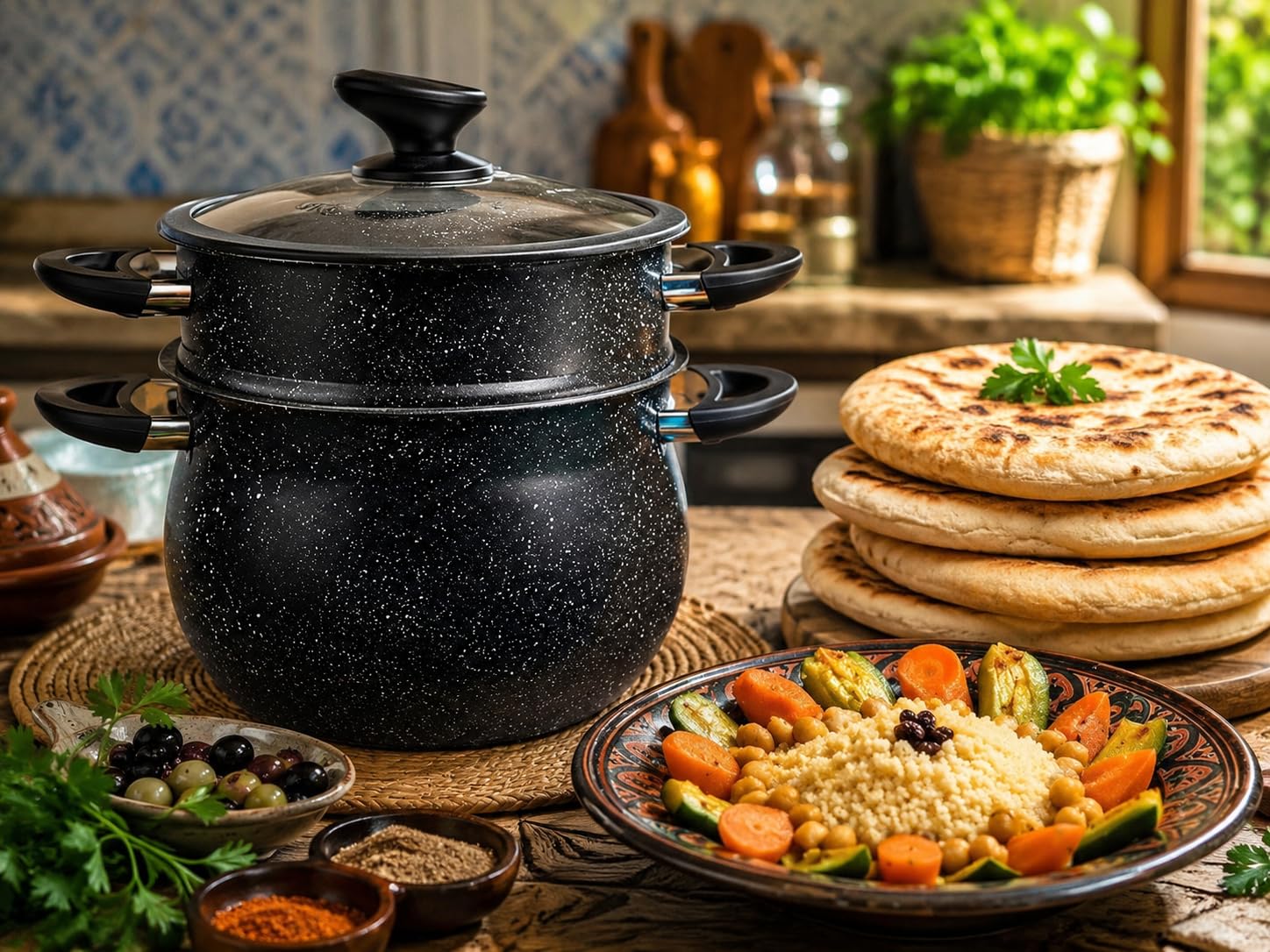 Royal Swiss® Couscous- & Dampf-Topf 12 L – Aluminium mit Stone-Beschichtung – Für alle Herdarten inkl. Induktion – Glasdeckel mit Dampfauslass – Schwarz (12L)