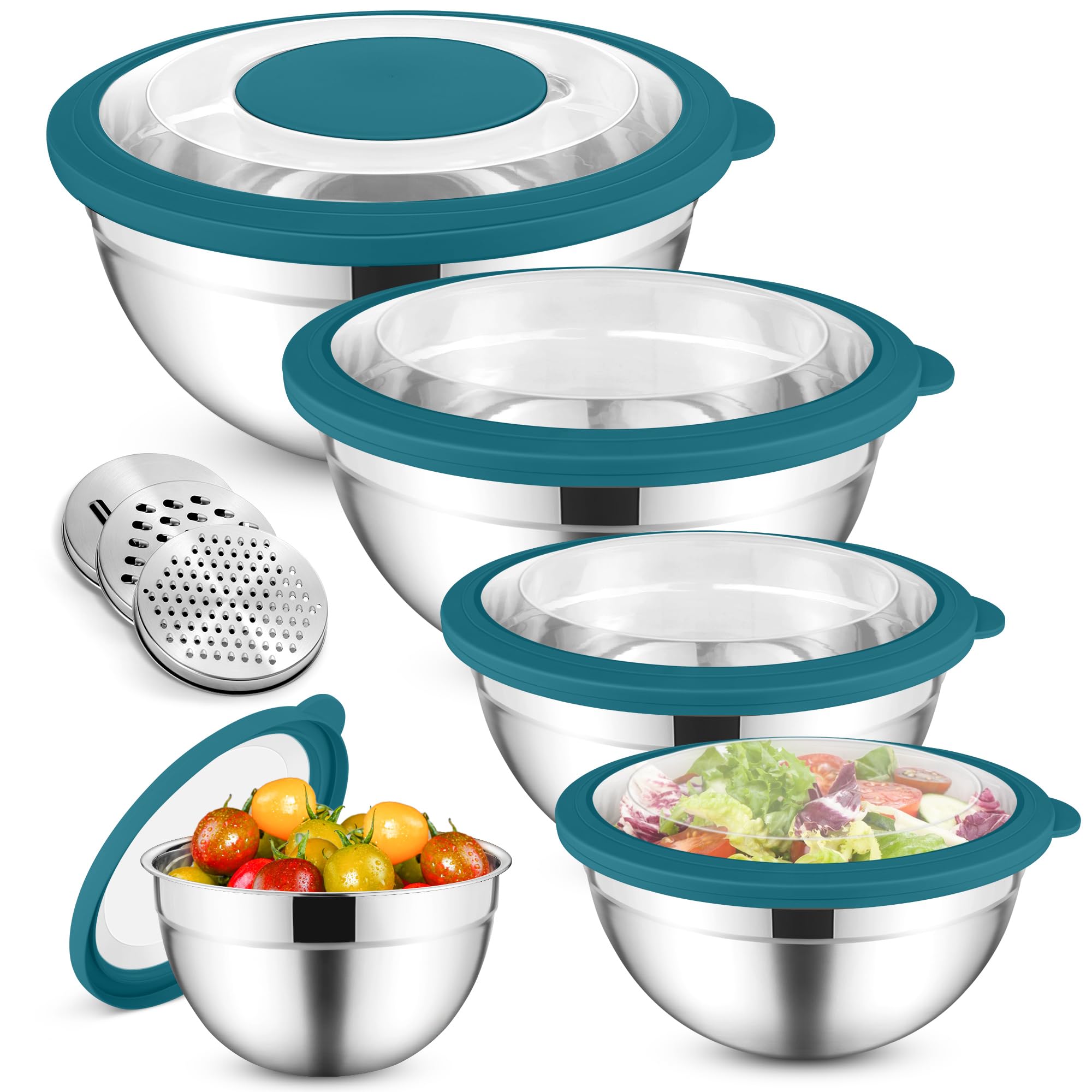 HaWare Set di 5 ciotole per insalata, in acciaio inox, con coperchio trasparente ermetico e 3 grattugie, per cucinare, 4,5 l, 2,8 l, 1,5 l, 1,2 l, 0,7 l, lavabile in lavastoviglie, blu