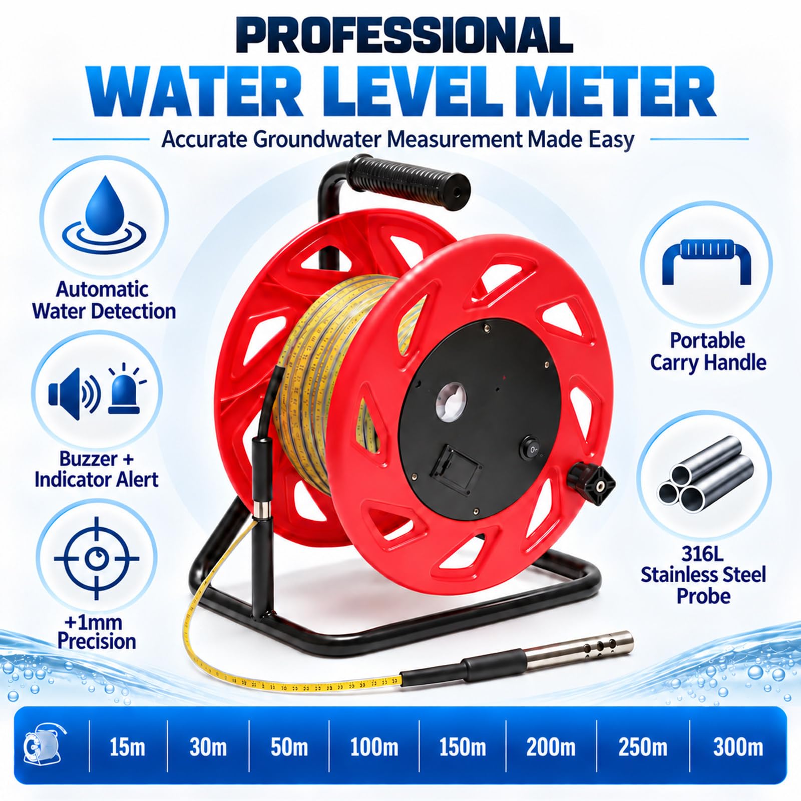 Medidor Aguas Subterráneas Profesional, Nivel Agua Pozo con Cinta Acero PE, Sonda Fija INOX 316, Mango Portátil y Señal LED para Monitoreo Permanente 100m-328ft