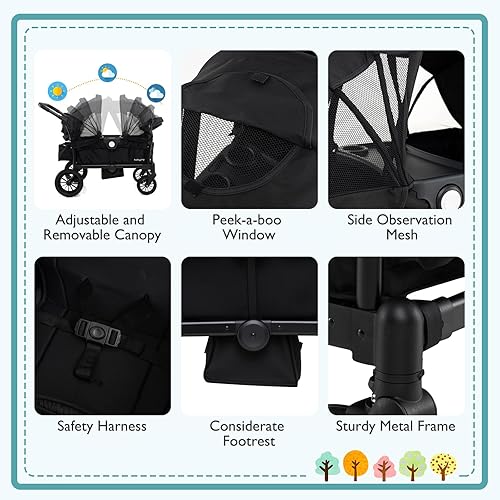 Miniatura 4 de BABY JOY Cochecito para 2 niños, plegable con barra de asa ajustable, toldo extraíble, arnés de seguridad, soporte para vasos, bandeja de aperitivos