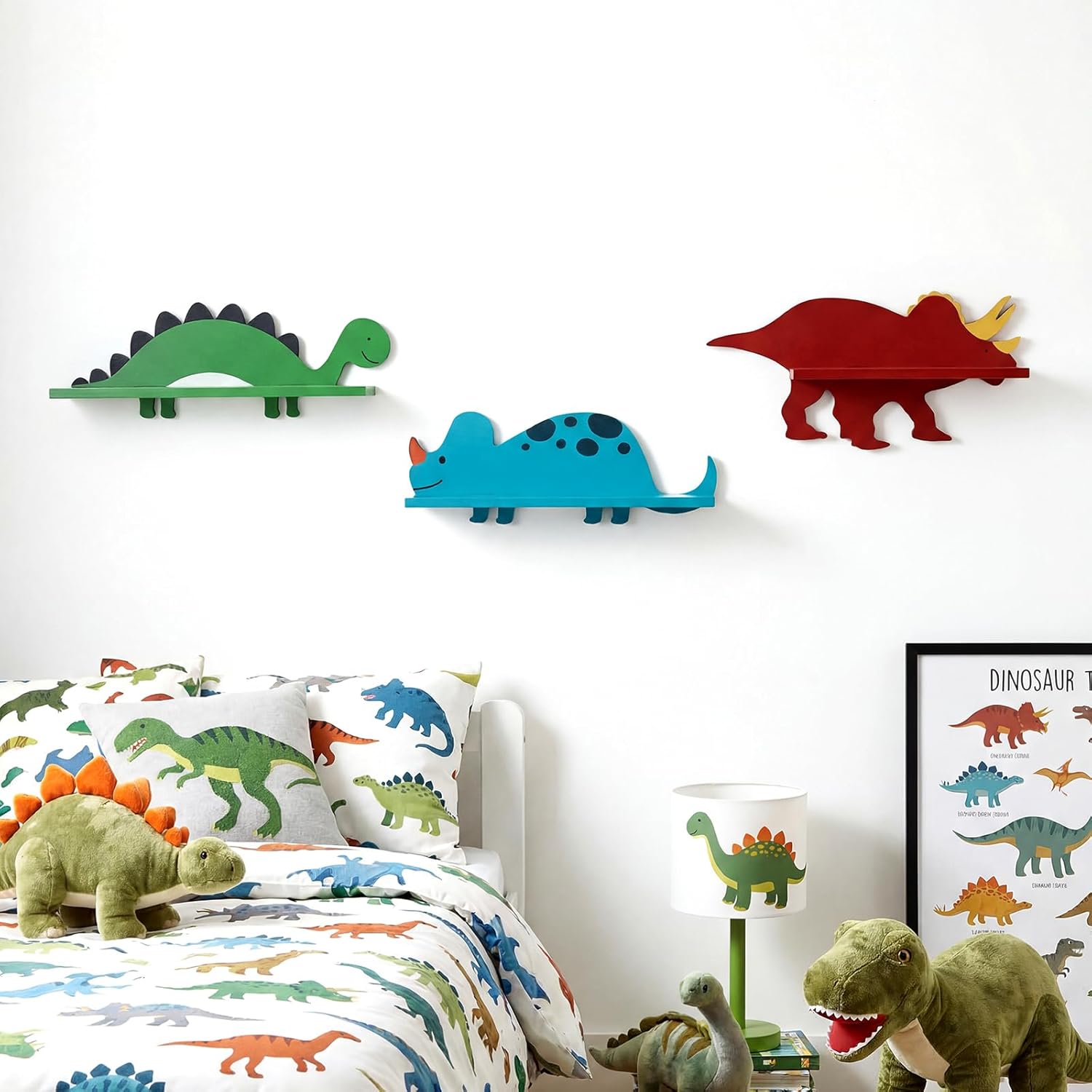 Pinkunn 3 Pcs Dinosaur Wooden Wall Shelf Decorative Dinosaur Bookshelf Triceratops Iguanodon Stegosaurus Wall Shelf with Hanging Pegs Dino Nursery Decor for Boys Room, 3 Styles