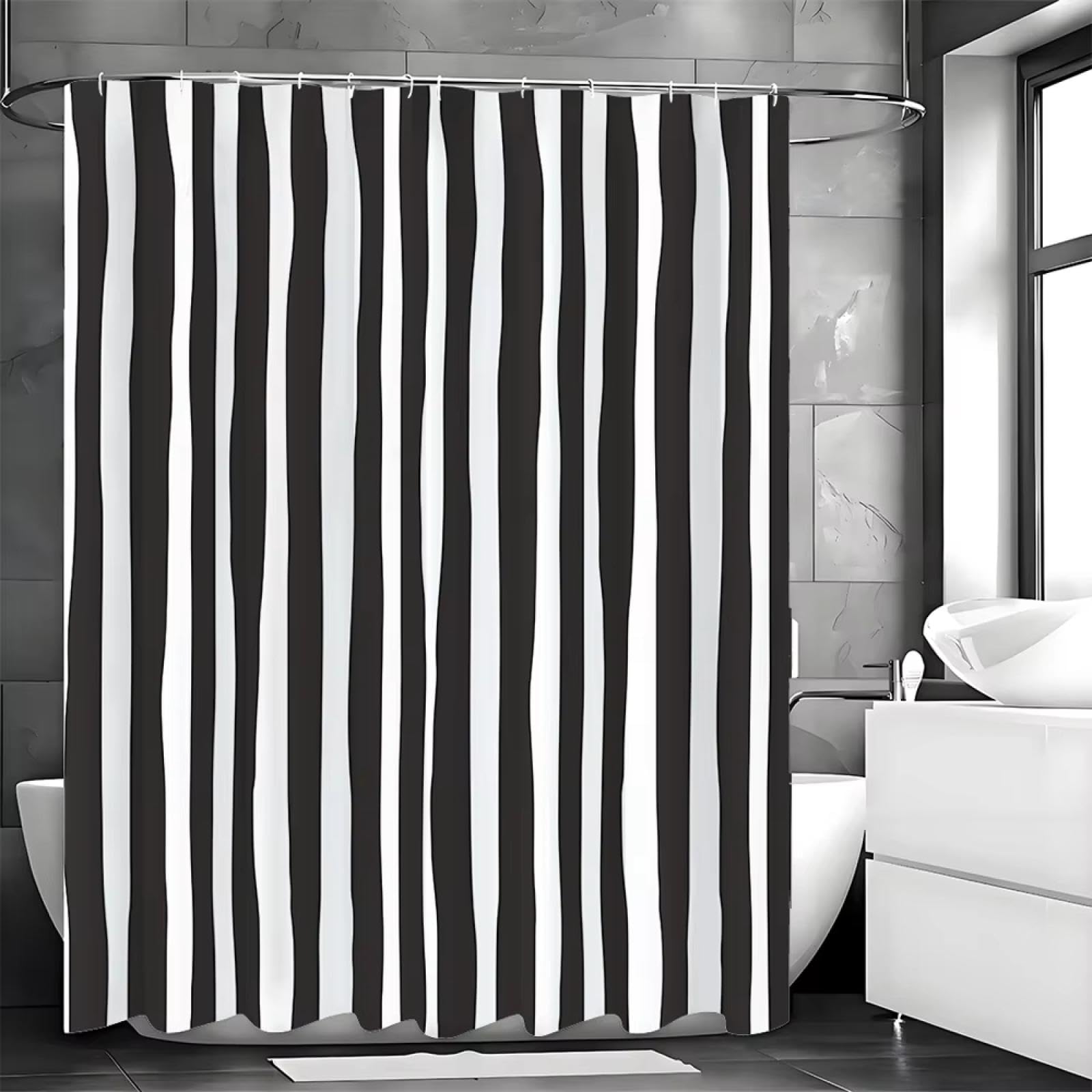 Tenda da doccia a strisce astratte in bianco e nero, tenda da doccia decorativa impermeabile per bagno con ganci, tenda da doccia in tessuto 200x220 cm