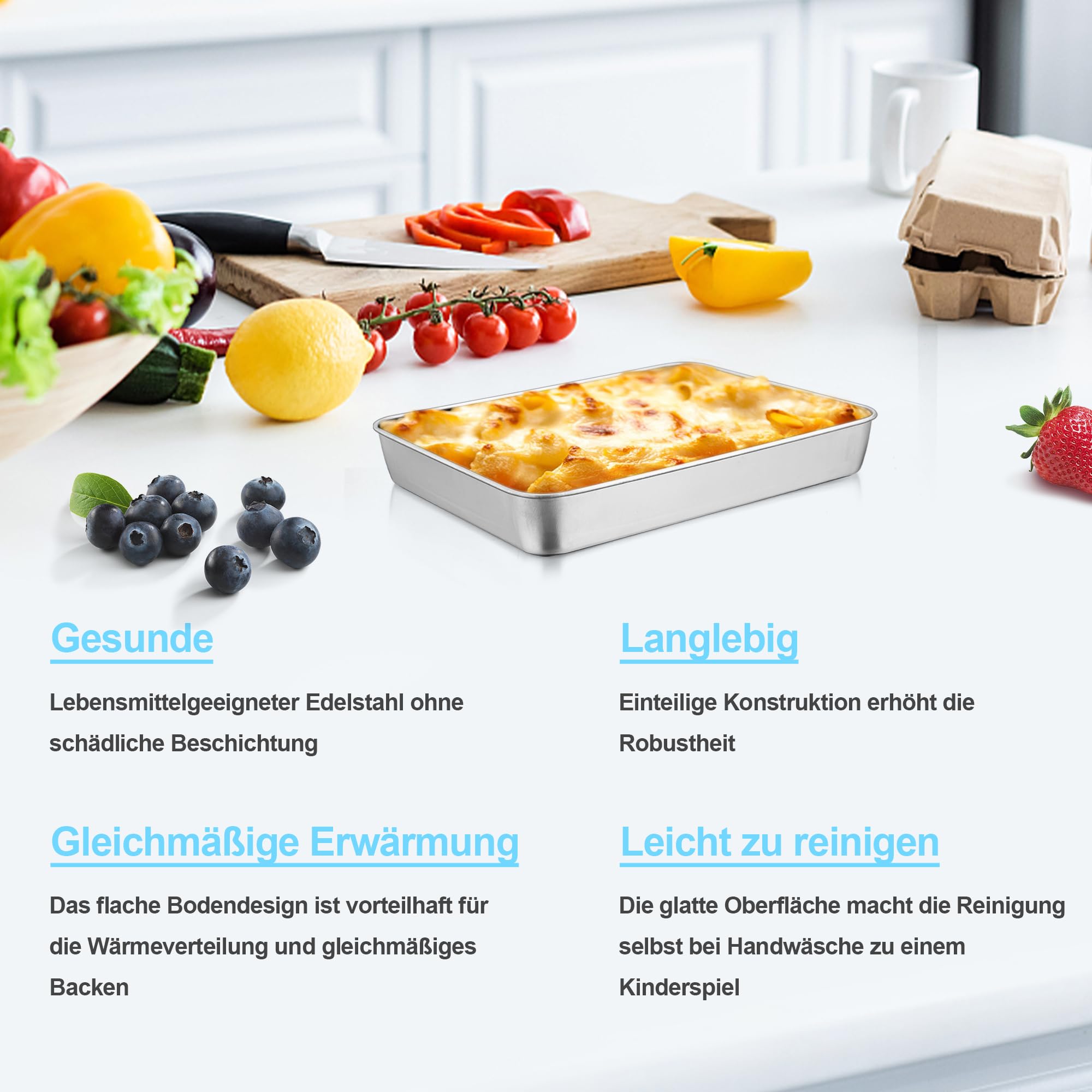 TEAMFAR Blacha do pieczenia, ze stali nierdzewnej, mała, prostokątna, forma do pieczenia, głęboka forma do pieczenia ciasta/lasagi/brownie, zdrowa i wytrzymała, nadaje się do mycia w zmywarce, 23,8 x