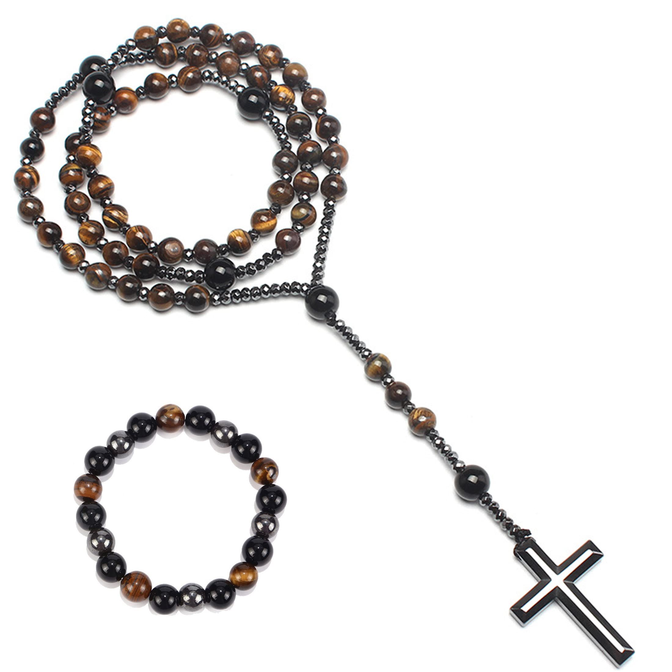 Bunsfyurosary Necklace Tiger Eye Necklace For Men Christian Cross