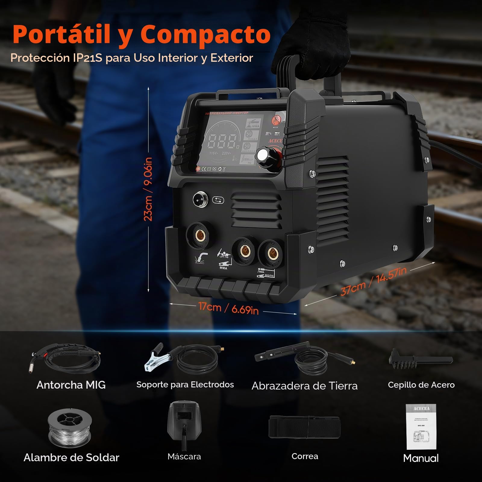 Soldador de Hilo sin Gas 120A 220V Máquina de Soldar 3 en 1 Multiproceso (FLUX, Lift-TIG, MMA/ARC) con Sinergia, Soldador Inverter IGBT Compacto para Profesionales y Aficionados