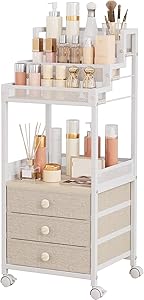 Bathroom Stand, Makeup Organizer Storage with Drawers, 13 Inch Large Floor Rolling Skincare Organizer Cart, 3-Tier Vanity Tray Stand for Cosmetics, Nail Polish, Perfume Display Cases Holder