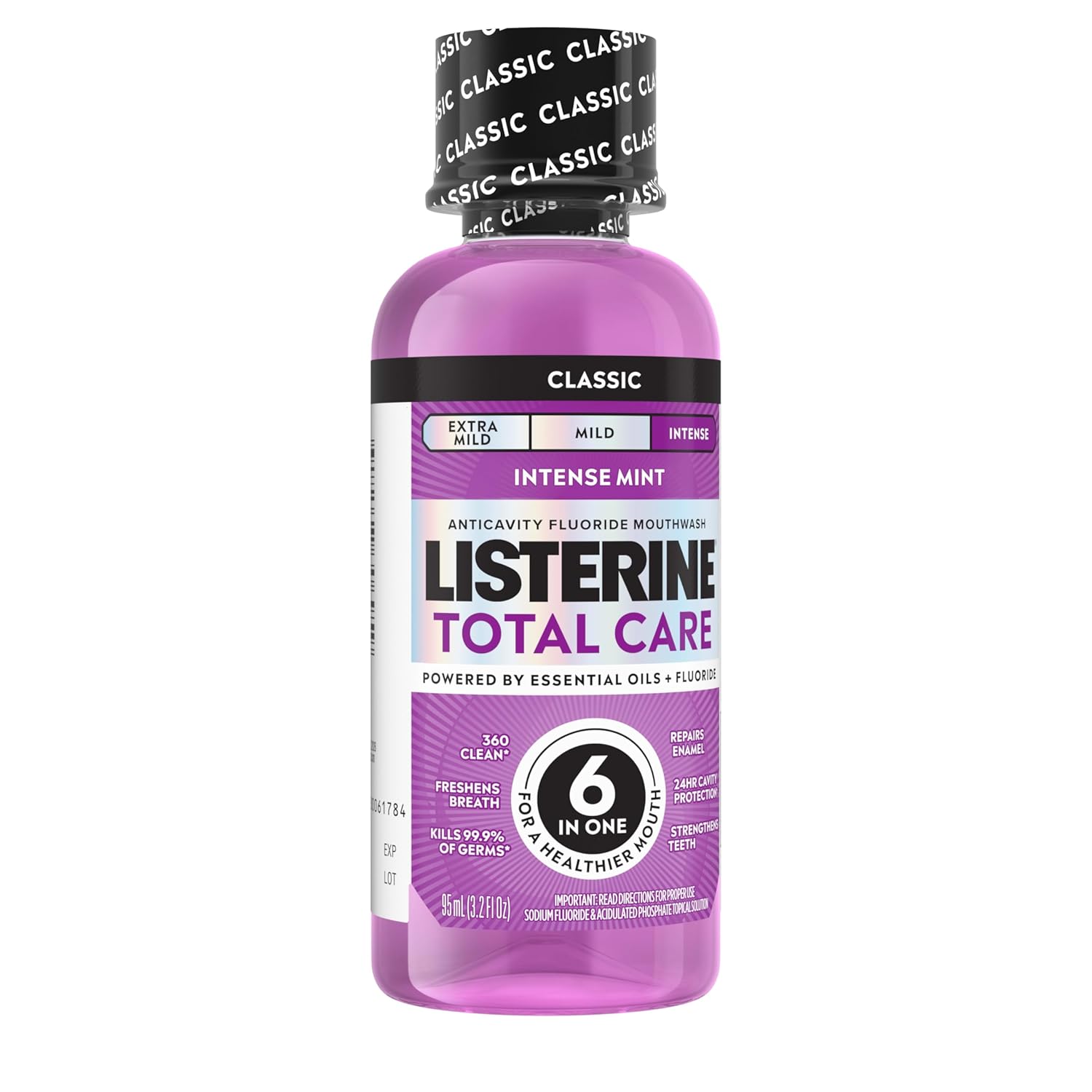 Listerine Total Care Intense Anticavity Fluoride Mouthwash, 6 Benefits in 1 Oral Rinse Helps Kill 99% of Bad Breath Germs, Prevents Cavities, Provides 360 Clean*, ADA-Accepted, Intense Mint, 95 mL