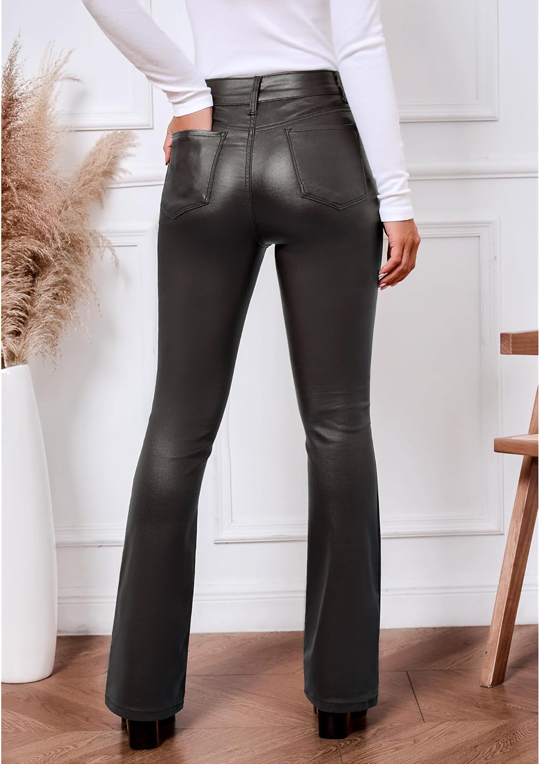 GRAPENT Flare Pants for Women High Wasited Stretchy Faux Leather Look Button Fly Jeans Trendy Bell Bottom Trousers - Image 2
