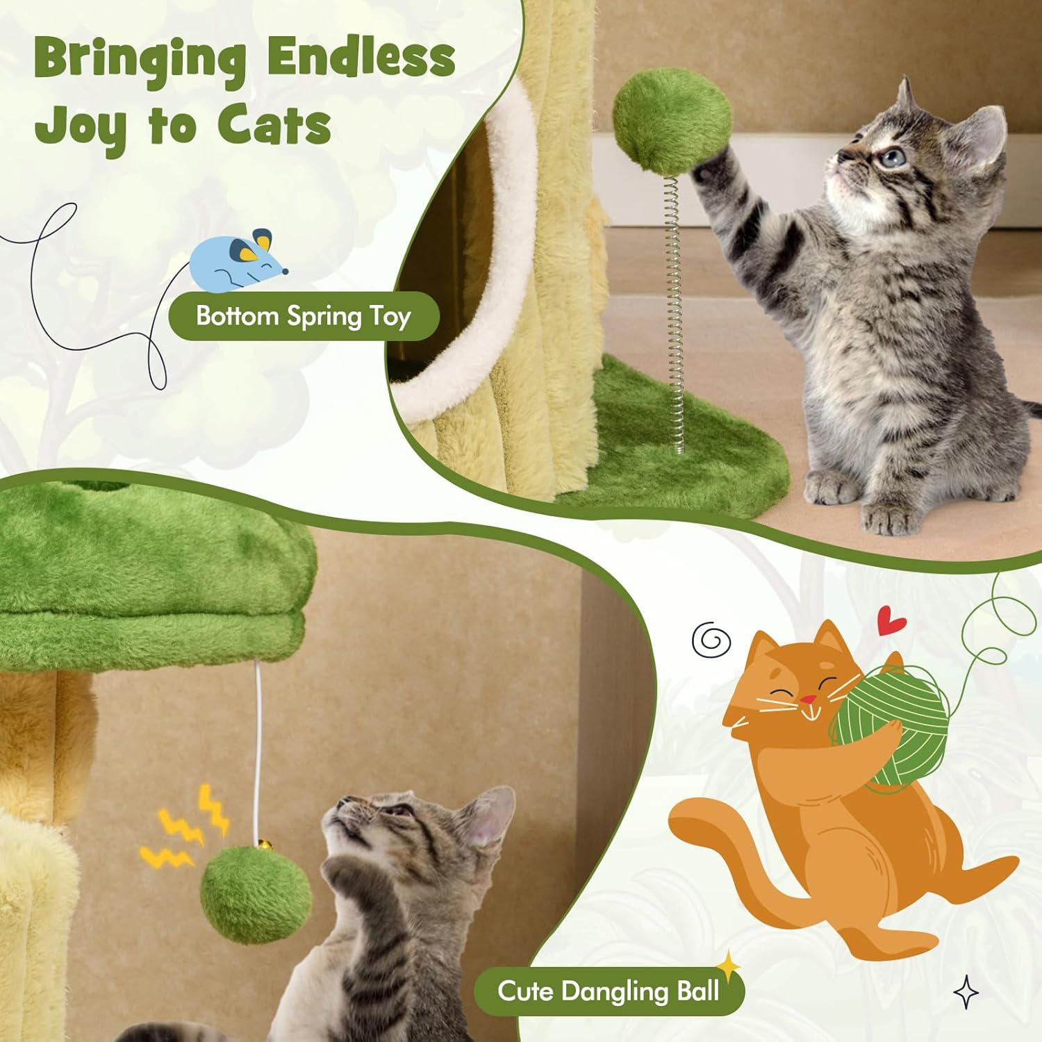 Tangkula Small Cat Tree, Green Cat Tower with Private Cat Condo, Plush Top Perch, Hanging Pompom & Spring Toy, Sisal Scratching Post, Cute Cat Climbing Tree for Indoor Cats