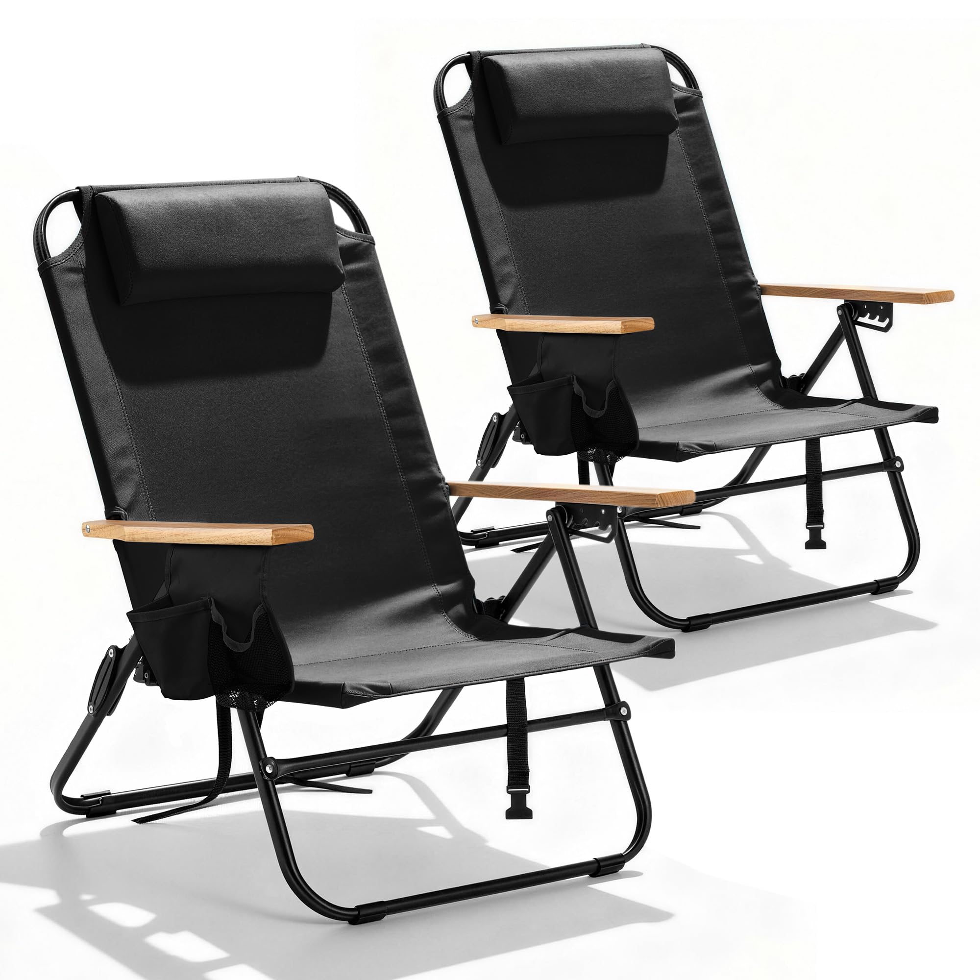 Canpsky 2 Pack Premium 5-Position Reclining Camping Chair - Portable Folding Lightweight Outdoor Chair with Wooden Armrests, Headrest & Pockets, 350lbs Heavy Duty for Beach, Patio, Backyard, Black