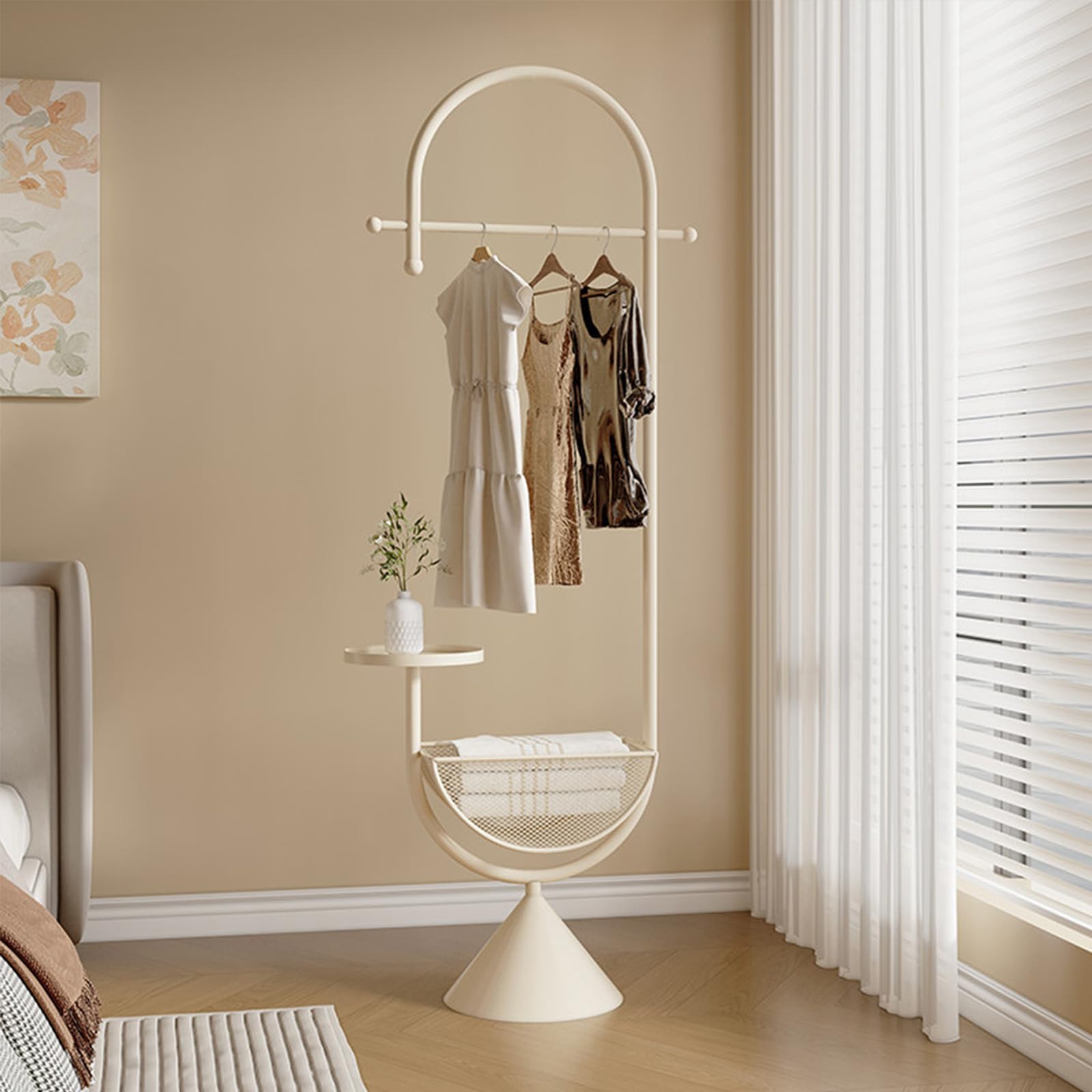 Js Space White-A Metal Freestanding Coat Rack With Shelf And Storage Basket Coat Hanger Stand For Entryway, Bedroom Or Living Room